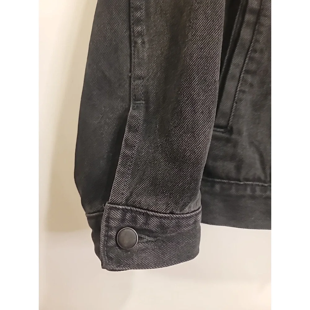 Black‎ Denim Trucker Jean Jacket M Upcycled Distressed Vtg Hippie Flower Rainbow